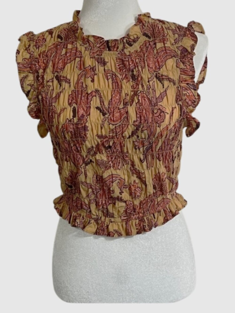 Mango MNG Mustard Yellow Floral Smocked Ruffle Crop Top Sleeveless Blouse 4